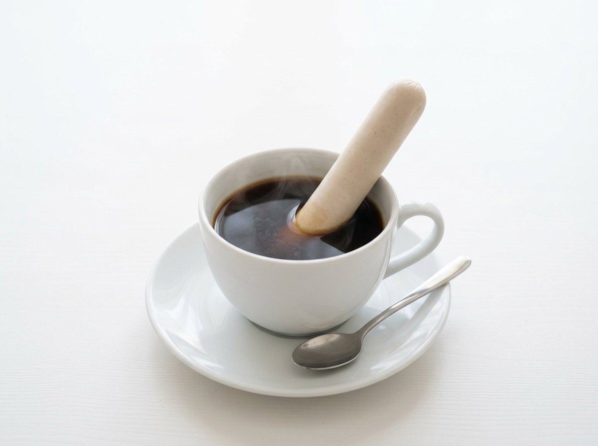 AIで作ったイメージ画像。ソーセージが刺さったコーヒー(実物ではありません)