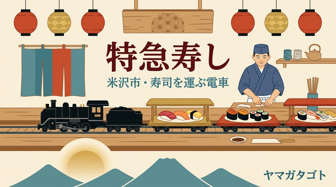 特急寿し（米沢市）ランチと値段｜寿司を運ぶ電車・皿の色で150円から